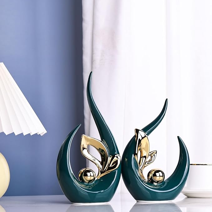 XMGZQ Teal Gold Ceramic Statues for Home Décor Accents,Abstract Art Mid Century Modern Decor,Elegante Centerpiece Table Decorations,Green Sculpture for Entryway,Bookshelf,Tv Stand,Mantel,Coffee Table