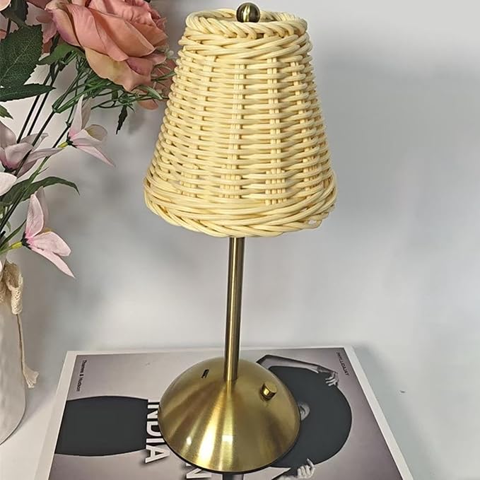 12.2 Inch Gold Rattan Lamp with Touch Dimmer, Portable Cordless Lamp, Small Rechargeable Table Lamp, 3 Color Touch Control Dimmable Bedside Lamps, Suitable for Living Room Bedroom Study