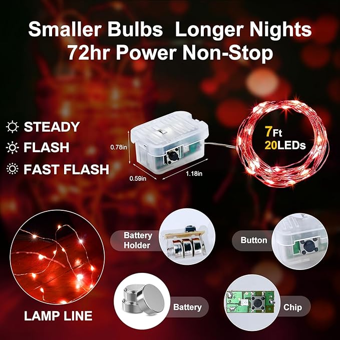 Aogist Led Fairy Lights 3 Modes Battery Operated String Lights Waterproof Silver Wire 7 Feet Firefly Starry Moon Mason Jar Lights for DIY Wedding Party Christmas (Red, 12 Pack)