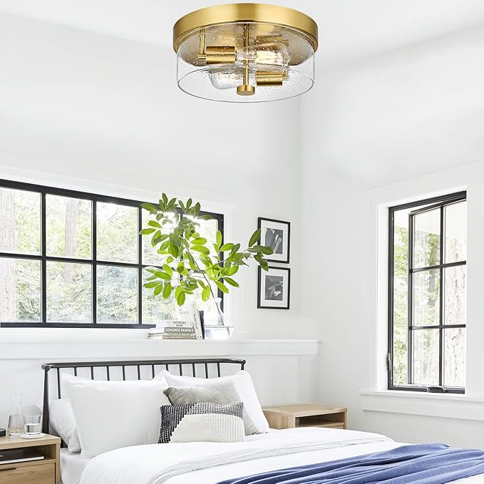 Flush Mount Ceiling Light Fixtures, 2-Light Gold Ceiling Mount for Farmhouse with Seeded Glass Lampshade, Industrial Flush Mount Light Fixture Farmhouse for Hallway, Kitchen, Entryway and Foyer