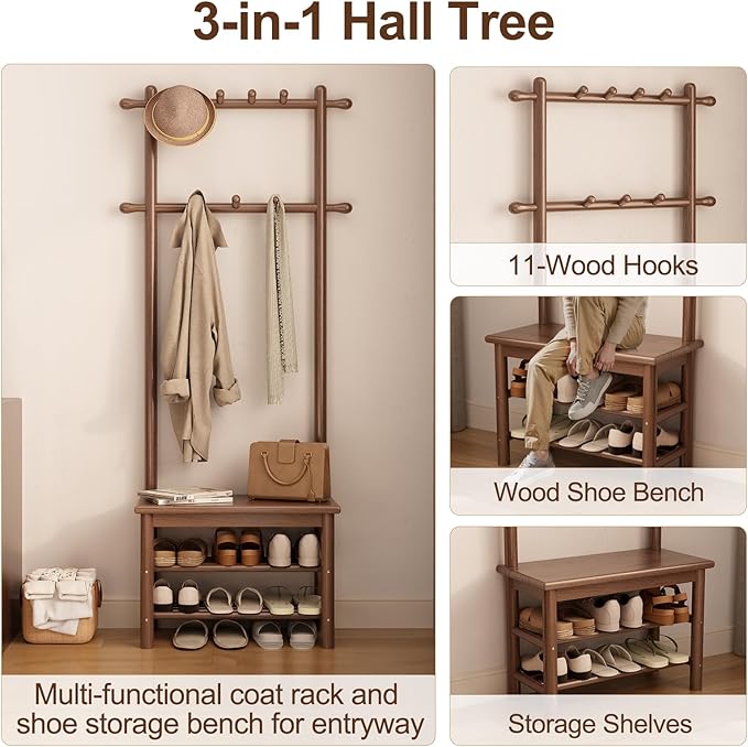 AQIMUELE Coat Rack with Shoe Storage, Narrow Wooden Hall Tree with Bench, 11 Hooks and 2-Tier Storage Shelves, 3-in-1, Entryway Bench with Coat Rack (23.6"-Walnut)