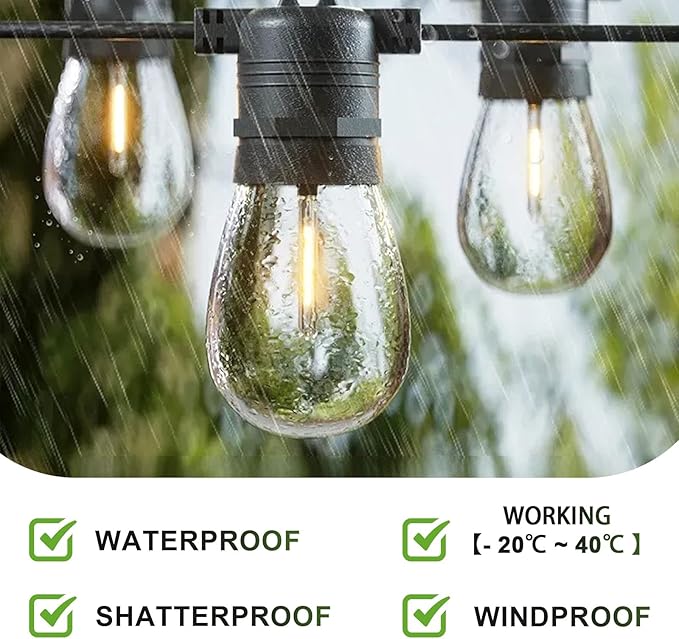 Jslinter 15 Pack Edison Bulb String Lights Outdoor, S14 Replacement Bulbs for Outdoor String Lights Waterproof 1W, E26 Base Led Light Bulb, 2700K Warm White Light Bulbs for Patio