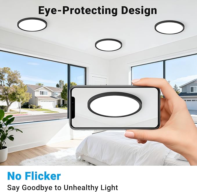 2 Pack LED Flush Mount Ceiling Light,7Inch 15W,3000K/3500K/4000K/5000K/6500K 5 Color Temperatures Ceiling Light Fixture for Kitchen Porch Hallway Bedroom Bathroom and Closet,Black