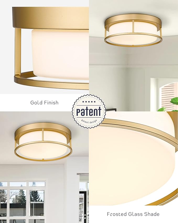 CALDION LED Ceiling Light Fixture, 12 Inch 24W 950Lumens Flush Mount Light Fixture, Dimmable 3000K, Gold Finish with Opal Frosted Glass, Round Close to Ceiling Lights for Bedroom, Kitchen