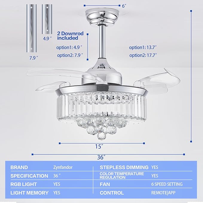 36" Retractable Crystal Ceiling Fan with Light, RGB Modern Fandelier 6 Speeds Reversible Blades Dimmable Chandelier Ceiling Fan with Remote App Control Memory Timer Silver