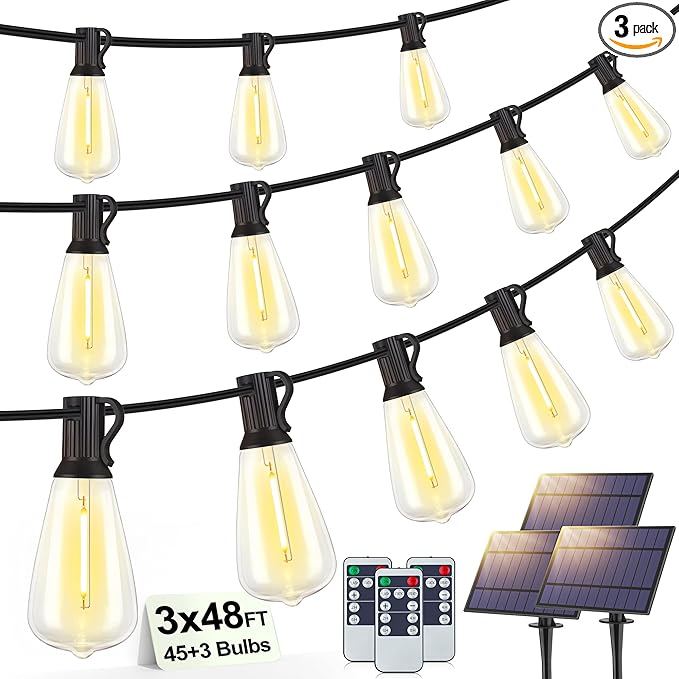 144FT(3x48FT) Solar Outdoor String Lights with Remote & Timer, Waterproof Dimmable Patio Lights with 45+3 ST38 LED Bulbs for Porch Party-Black