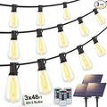 144FT(3x48FT) Solar Outdoor String Lights with Remote & Timer, Waterproof Dimmable Patio Lights with 45+3 ST38 LED Bulbs for Porch Party-Black