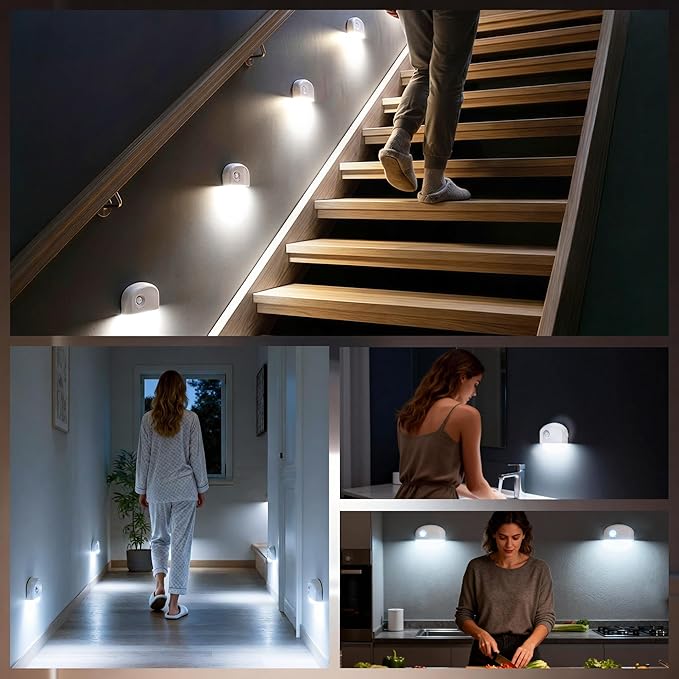 4 Pack Rechargeable Motion Sensor Stair Lights Indoor, Motion Activated Night Light Led Battery Powered Portable Automatic Wireless Stick On Lamp for Step Hallway Closet Under Cabinet