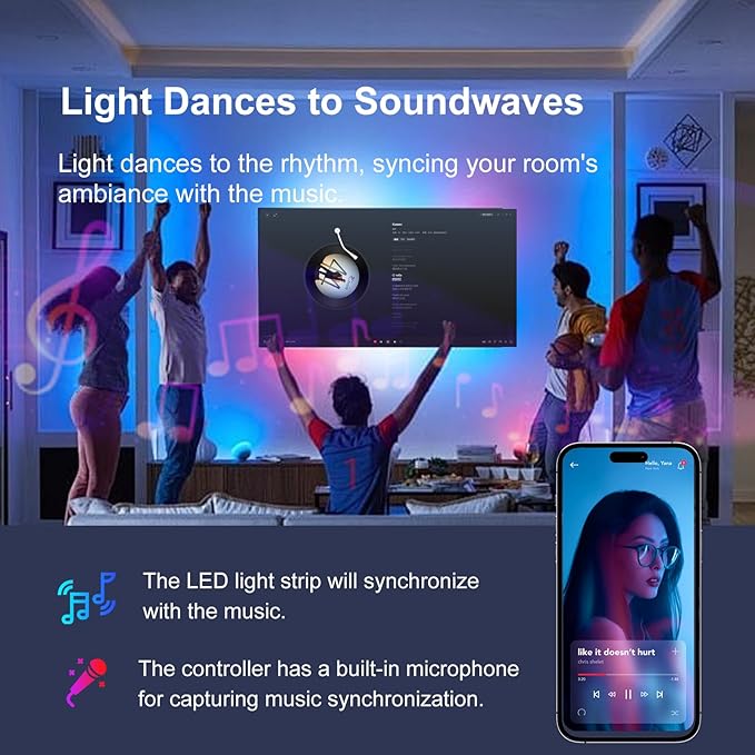 100 FT Led Lights for Bedroom, Music Synchronized RGB Bluetooth LED Lights, Smart Application and Remote Control Color Change LED Light Strips, Used for Home Room Lighting Decoration