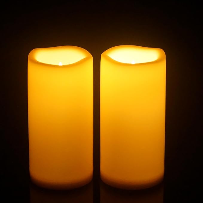Battery Operated Plastic Flameless LED Pillar Candle with Cycling Timer, 4''x8'' Realistic Flickering Electric Light for Outdoor Bookshelf Wedding Dinner Party Centerpiece Fireplace Decor 2 Pack