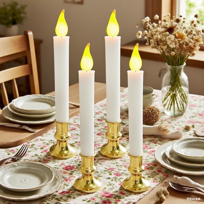 20 Pack 9" Gold Base LED Candle Lights with Dusk to Dawn Sensor, Battery Powered Flameless Candles for Indoor Table Party Decor