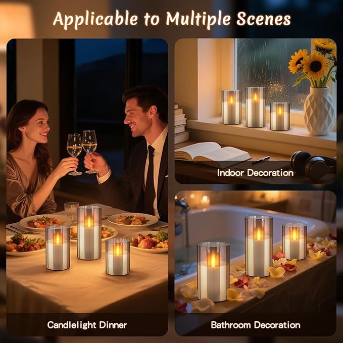 3PC Radar Motion Sensor Rechargeable Led Candles, Flameless Flickering Candle with Remote & Timer, Real Wax in Glass with Flickering Warm Light for Festival, Bedroom, christmas and party Decor-Gray