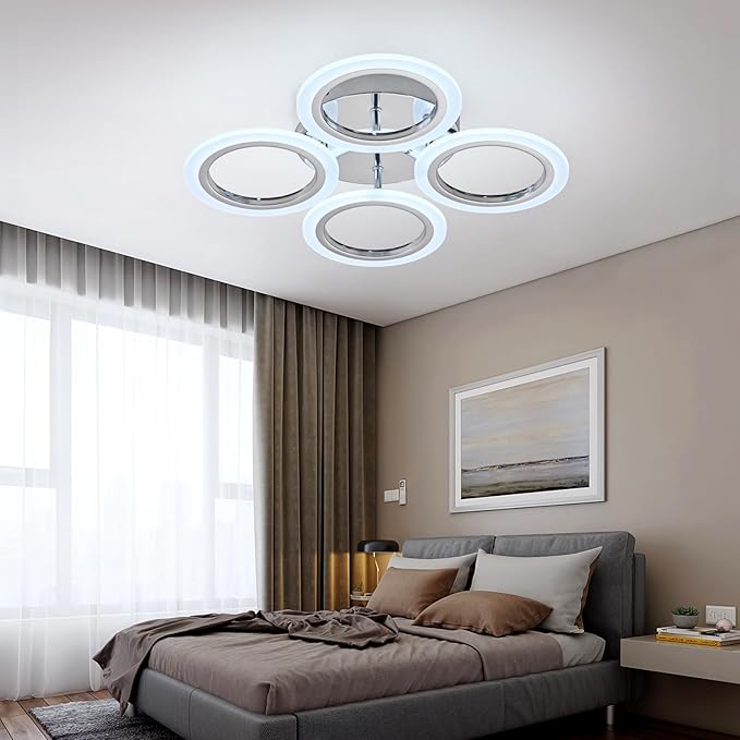 Modern LED Flush Mount Ceiling Light, 4 Rings, Chrome, 6000K for Bedroom, Dining, Living Room, Office
