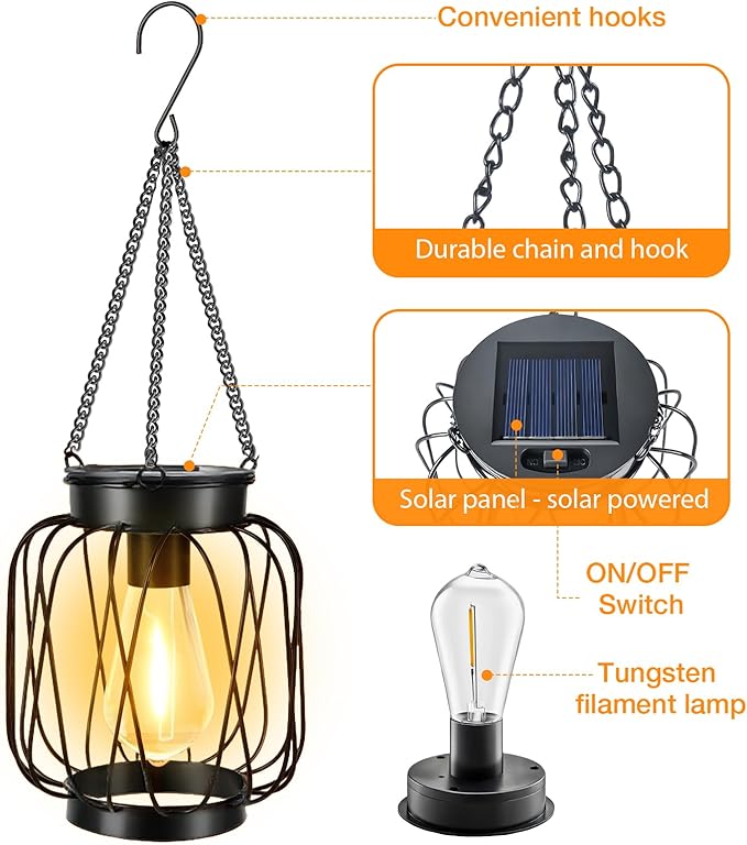 Solar Lanterns Outdoor 4 Pack, Metal Solar Hanging Lanterns with Hook - Outdoor Hanging Lantern Lights Waterproof, Bright Warm Lantern Decor for Outside Garden Yard Patio Pathway