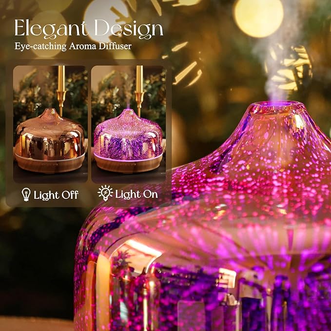 Porseme 500ml Glass Essential Oil Diffuser Aromatherapy Ultrasonic Cool Mist Humidifier 15-21 Running Hours Diffusers with Remote Control for Sleeping Yoga Working Spa(Rose Gold）