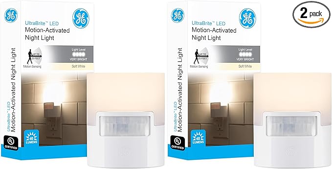 GE LED Motion Sensor Night Light, Plug-in, 40 Lumens, Warm White, UL-Certified, Energy Efficient, Ideal Nightlight for Bedroom, Bathroom, Kitchen, Hallway, 12201, White, 2 Pack