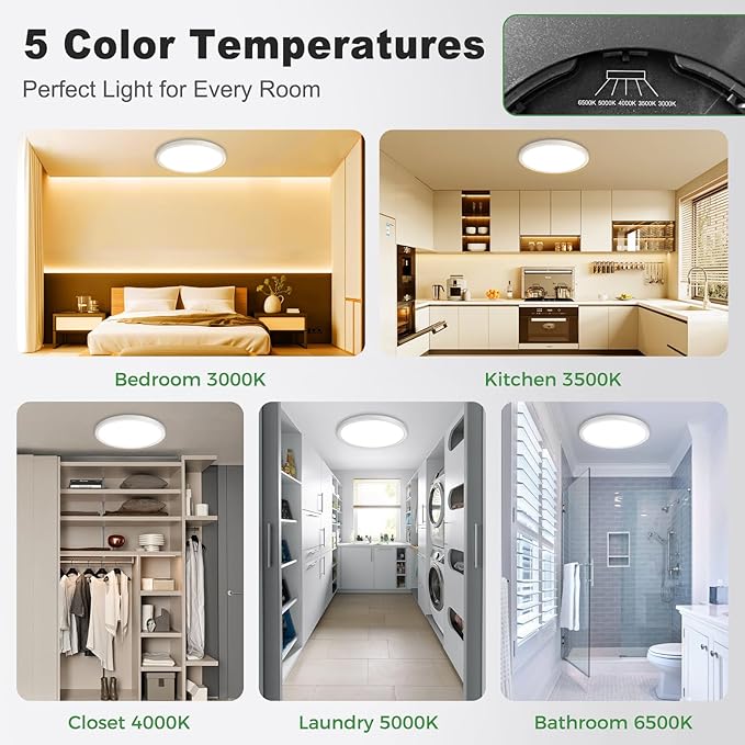 zemty 15" LED Flush Mount Ceiling Light, 30W Dimmable, 5CCT (3000K–6500K) White Round Fixture | Bright Low-Profile Lighting for Bedroom, Kitchen, Hallway, Living Room -1Pack