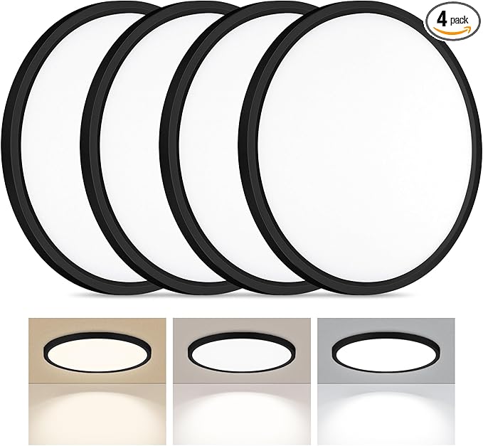 4 Pack LED Flush Mount Ceiling Light, 24W Ultra Thin Round White Lamp 3000K/4000K/6500K 3 Color Temperatures Adjusted 12 Inch Modern Ceiling Lights, Black, Wired