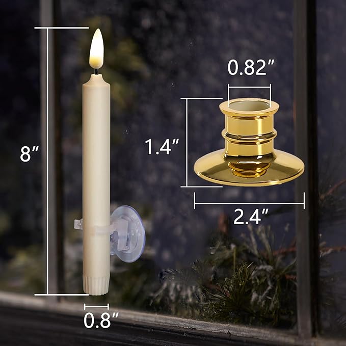 NONNO & ZGF 6PACK Flameless 8'' Window Candles +12 AA Batteries(Include)+6 Suction Cup+6 Golden Candleholders. Battery Powered Ivory Taper Candles with Remote and Timer.Remote Included