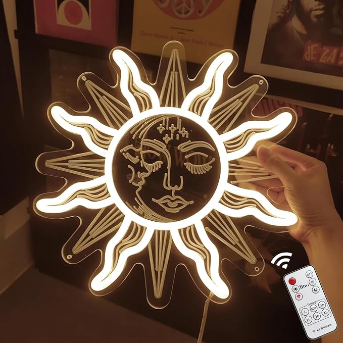 Vintage Burning Sun and Moon Neon Sign - Remote Dimmer 3D Boho Aesthetic Room Decor Celestial Mystic Sun Moon USB Power LED Sign Light w/Closed Eyes Psychedelic for Bedroom Gift - 12"
