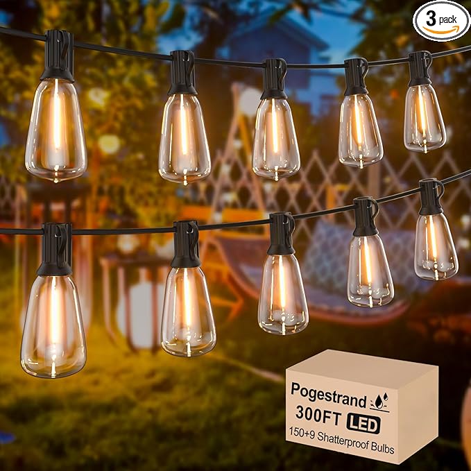 Outdoor String Lights 300ft Waterproof Shatterproof Patio String Lights for Outside with 159 Vintage ST38 LED Bulbs(9 Spare), Dimmable Hanging Lights for Backyard Porch Balcony Party Decor, Warm White