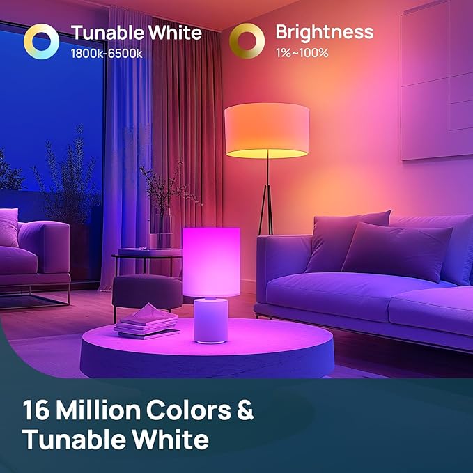 Linkind Smart Light Bulbs, A19 Smart Bulb - 1100LM(75W Equivalent), Works with Alexa & Google Home, E26 RGBTW Color Changing Bulbs with Music Sync, 2.4GHz Wi-Fi & Bluetooth, 11W, 4Pack