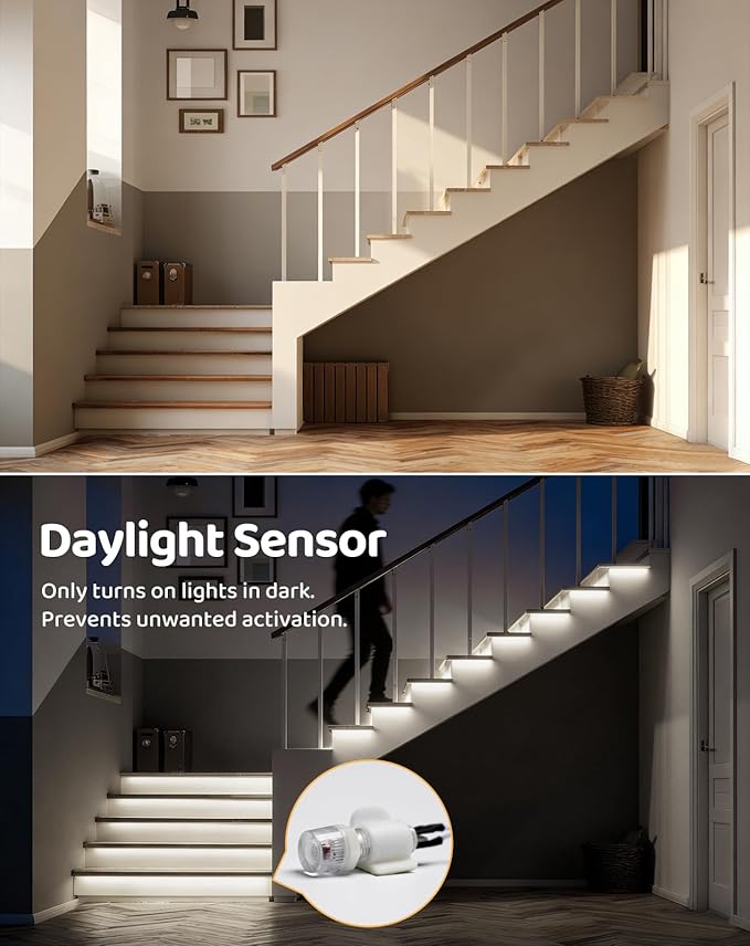 20-Step LED Stair Lights, 12V 6W 6500K Cool White Stair Lighting with Radar Motion & Daylight Sensors, Remote Control, Cuttable Every 1 Inch, Plug-and-Play Design,UL Listed