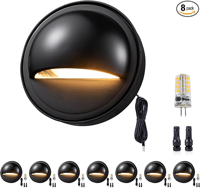 Gardenreet Low Voltage Deck Lights - Landscape Solid Brass LED Step Lights Outdoor, 12V Hardwired IP65 Waterproof, Round Black for Fence Wall Stair with 3000K Soft White 3W 270LM G4 Bulb 8 Pack