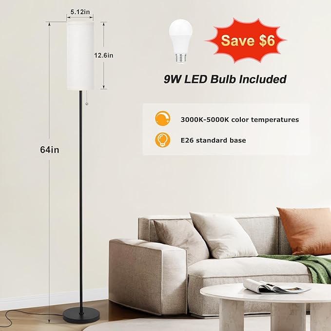 Ambimall 64'' Floor Lamp for Living Room with Bulb- Tall Lamps with Beige Lampshade & Pull Chain Switch, Pole Lamps for Bedrooms Tall, Minimalist Floor Lamp