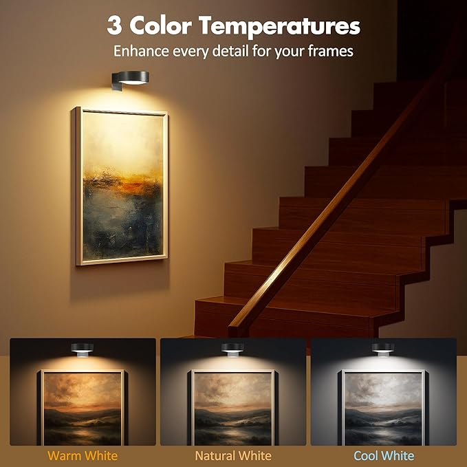 3Pcs Picture Lights for Wall Battery Operated, Magnetic Led Painting Light with Remote Dimmable and Timer, 3 Lighting Modes Art Display Light for Picture Frame, Wireless Wall Decor Puck Lights, Black