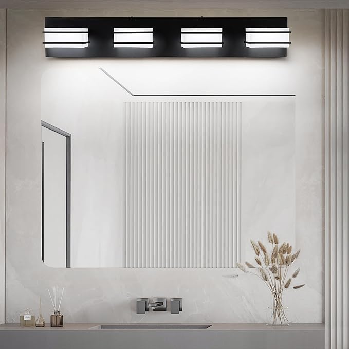 3 Color Temperature Dimmable Bathroom Light Fixtures Over Mirror, LED Black 4 Light Vanity Lighting Fixtures, Acrylic Stainless Steel Square Shade Vanity Lights for Bathroom, ETL Certificated
