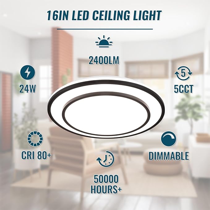 Black LED Flush Mount Ceiling Light Fixture 5CCT, Dimmable Light Fixture Ceiling Mount 16" 24W, Overhead Modern Close to Ceiling for Living Room, Foyer, Kitchen, Bedroom