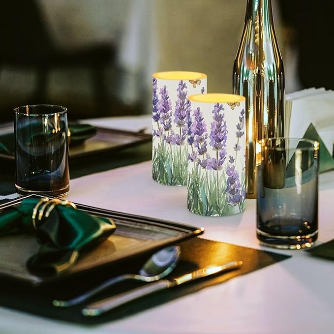 Lavender Flameless Candles 2 Pack 6 x 3 inch Battery Operated Candles with Multicolor Timer Remote Control LED Fake Candles for Warm Light Dinner Table Home Decor