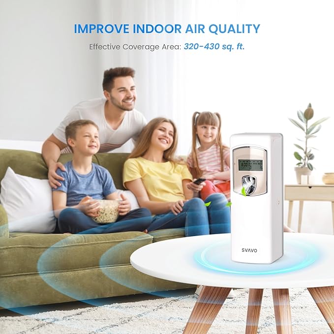 SVAVO Automatic LCD Air Freshener Dispenser - Wall Mount/Free Standing Auto Fragrance Dispenser Programmable Aerosol Spray Perfume Dispenser for Bathroom, Hotel, Office, Commercial Place, White