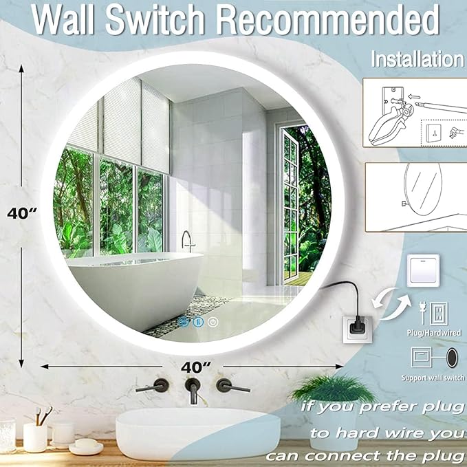 40 Inch Round Backlit Mirror with Lights 3 Color Smart Memory Adjustable Backlits 40" Large Framelss Round Circle Lighted Vanity Mirror for Bathroom Wall Mount 40 Backlit LED Circle Mirrors