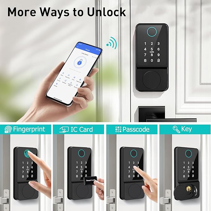 Smart Door Lock Set Keyless Entry Fingerprint Touchscreen Keypad APP IC Card Key Type-C Charging Unlocking with 2 Handles 6 in 1 Electric Biometric Digital Deadbolt for Front Doors Apartment