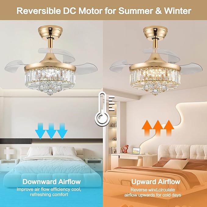 30" Retractable Crystal Ceiling Fan with Light, RGB Modern Fandelier 6 Speeds Reversible Blades Dimmable Chandelier Ceiling Fan with Remote App Control Memory Timer Gold