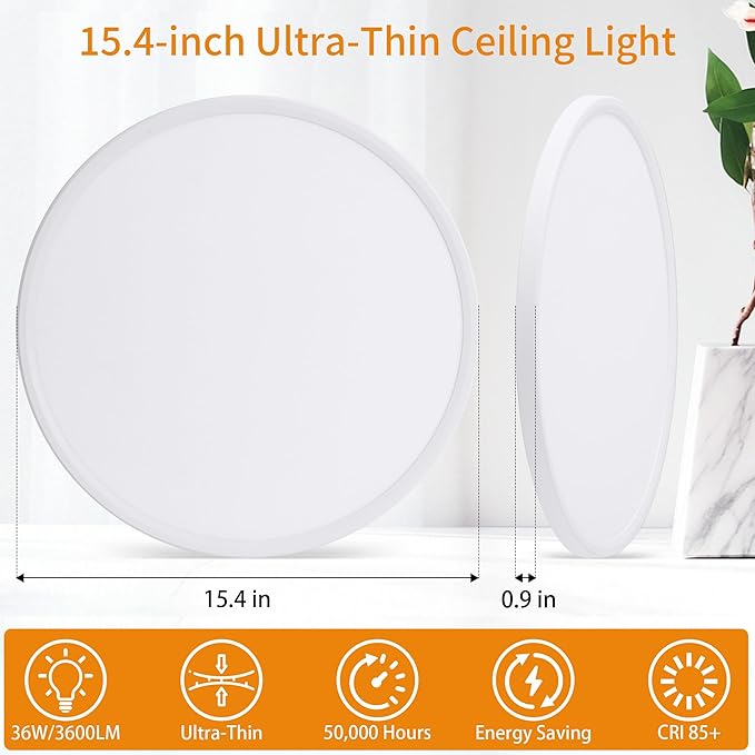 Flush Mount Ceiling Light with Night Light, 15in LED Ceiling Lights with Remote Control, 1800K Nightlights & 3000-6500K Dimmable Lamp Fixture, 36W 3600LM Low Profile for Bedroom, White