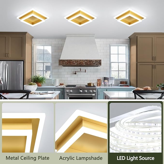 Modern LED Ceiling Lights, Gold Kitchen Ceiling Light, 32W Cool White 6000K Acrylic LED Hallway Ceiling Light Fixtures, Flush Mount Ceiling Lights for Bedroom Dining Room Kitchen Bathroom(Gold)