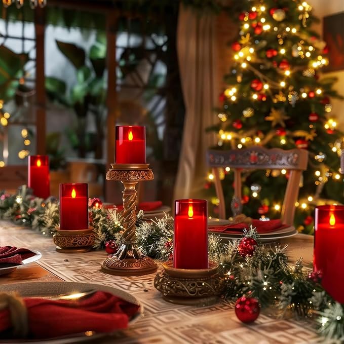 Homemory Christmas Red Flickering Flameless Candles, Battery Operated Acrylic LED Pillar Candles with Remote Control and Timer, Set of 9