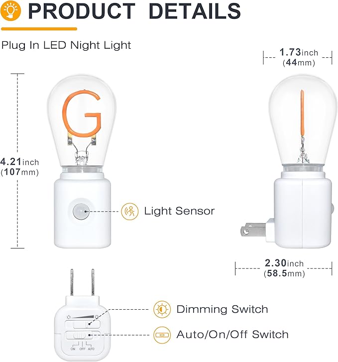Plug in Night Light with Motion Sensor and Dusk to Dawn Sensor, G-Type Mini 2200K Warm LED Nightlight with Adjustable Brightness for Bathroom, Hallway, Stairs, Bedroom, Kitchen, 1-Pack
