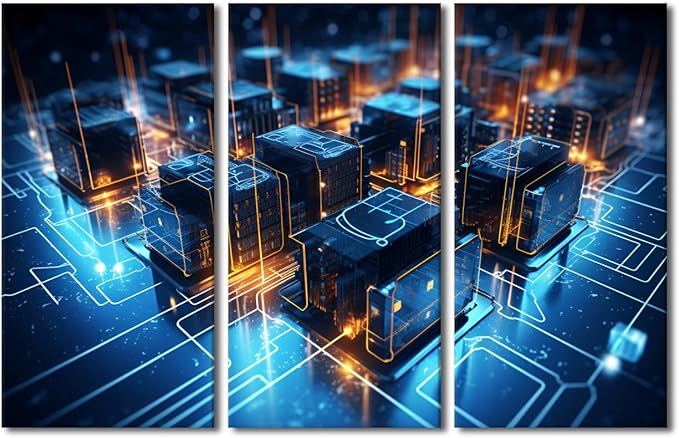 TUMOVO 3 Panel Wall Art for Living Room Artificial Intelligence Artwrok Picture Poster, Digital Network Posters and Prints for Home Wall Decoration, Wooden Framed Ready to Hang, 42" Wx28 H