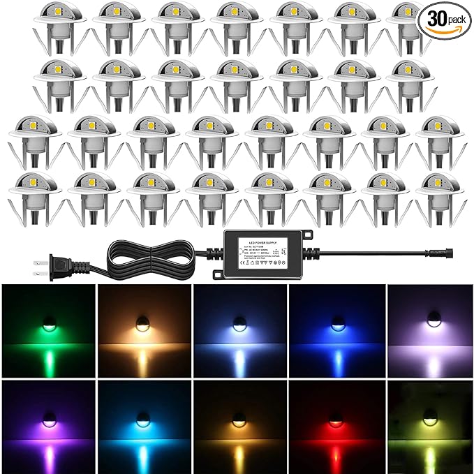 30 Pack LED Stair Lights Kit Outdoor 1-2/5" 0.2W-0.4W Low Voltage Waterproof IP65 Multi-Color RGB Recessed Wood LED Deck Lighting Yard Garden Patio Step Landscape Pathway Decor Lamps（RGB）