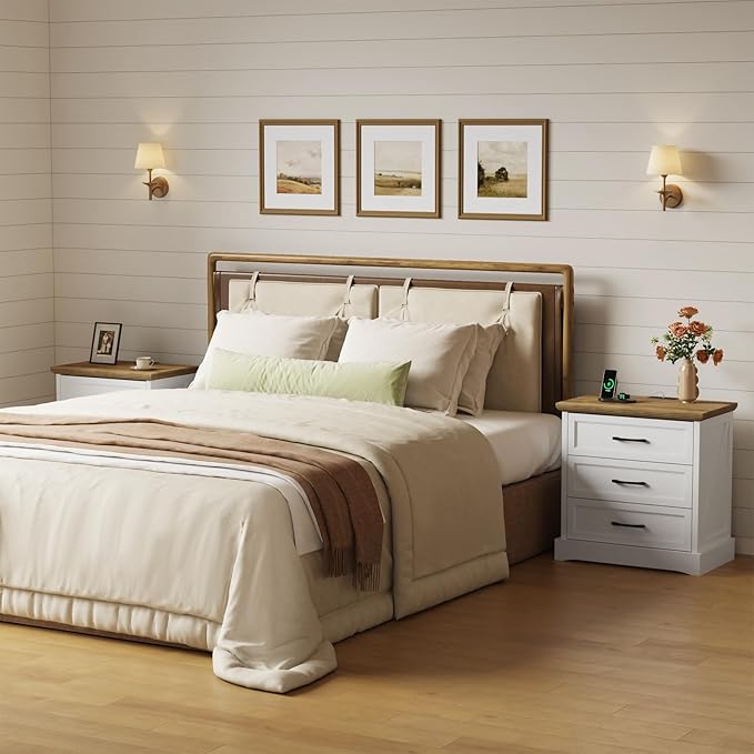 NightStand Set of 2 with Charging Station, Farmhouse 23.6" W Bedside Table with 4 Drawers, Night Stand for Bedroom, Home Office, White & Brown