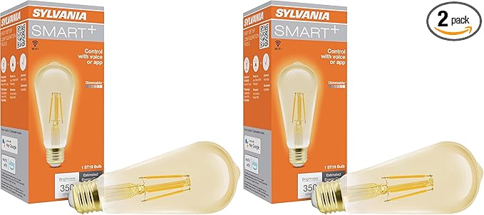 Sylvania WiFi LED Smart ST19 Amber Finish Light Bulb, 3.5W Efficient, for Alexa/Google Assistant, 2000K, No Hub Required - 2 Pack (75802)
