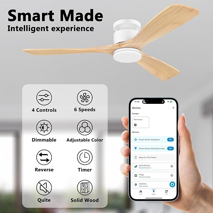 52 Inch Smart Flush Mount Ceiling Fans with Lights Remote,Wood Outdoor Indoor Ceiling Fan,WIFI Alexa App Control,Quiet DC Motor,Modern Low Profile Fan LED Lighting for Bedroom Patio,White & Light Wood