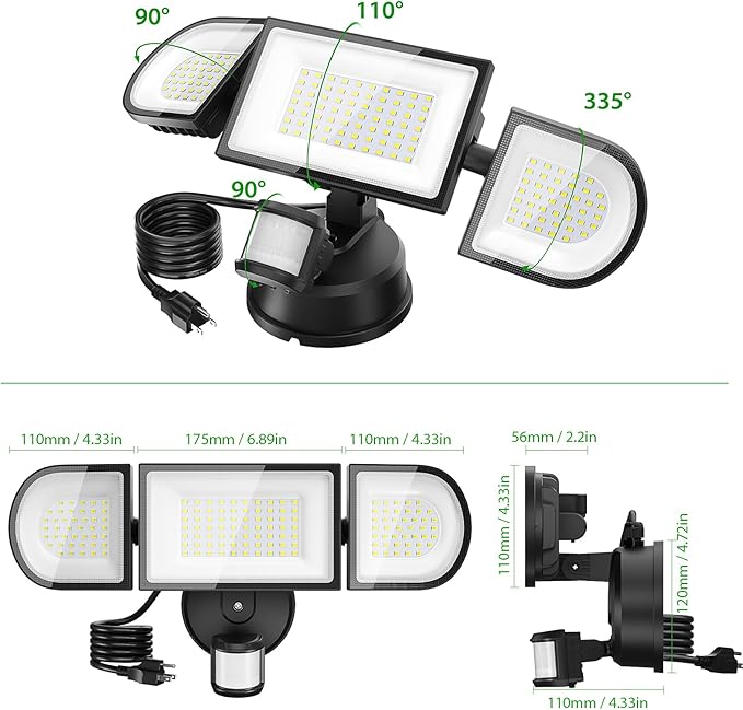iMaihom 180W Motion Sensor Outdoor Lights Plug in, 18000LM LED Security Lights, Dusk to Dawn Motion Flood Light, 6500K, IP65 Waterproof, 3 Head Exterior Motion Detector Light for Yard Garage