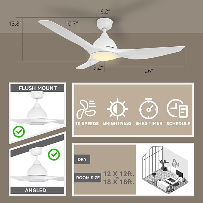 SMAAIR Smart Ceiling Fan with Remote Control, 52 Inch Indoor Low Profile Modern Ceiling Fans with Dimmable LED Light Kit, Timer with 10 Speeds, Works with Alexa/Google Assistant/Siri Shortcut,White