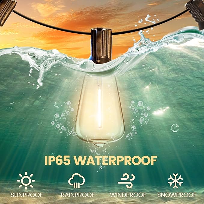 Outdoor String Lights 20FT - LED Waterproof Patio Lights Shatterproof ST38 Edison Bulbs, Connectable Hanging Vintage Lights for Outside Indoor Garden Backyard Deck Porch Party Decor