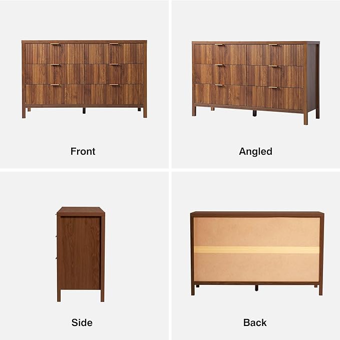 Fluted 6 Drawer Double Dresser for Bedroom, 47" Wide Modern Closet Dressers Chest of Drawers, Wood Storage Dresser Organizer for Nursery Bedroom Living Room Hallway Closet, Walnut